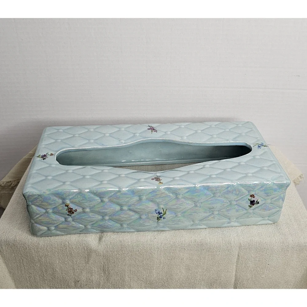 Vintage Ceramic Tissue Box Cover LightBlue Quilted Diamond Tufted Pattern Floral